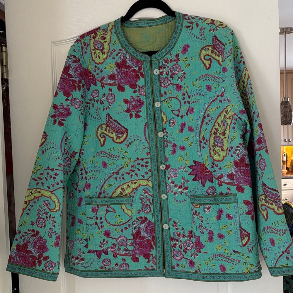 Provence d amour Turquoise Floral Paisley Quilted Reversible Jacket-XL
